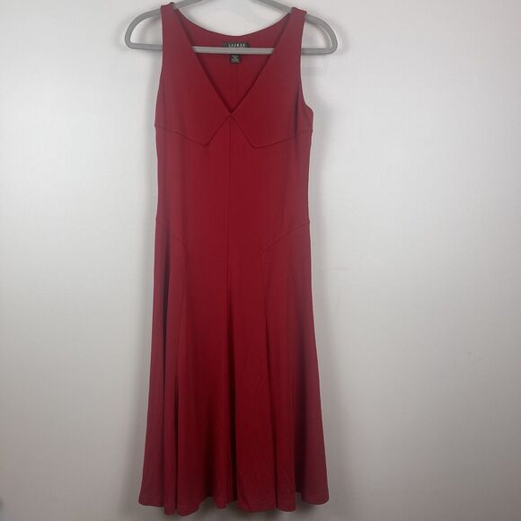 Ralph Lauren Womens Dress Small Petite Red Midi Modest Cocktail Party Holiday - Picture 1 of 8